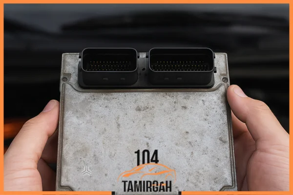 تست ECU پراید روی میز شبیه‌ساز موتور با کابل‌ها و لپ‌تاپ دیاگ در تعمیرگاه 104