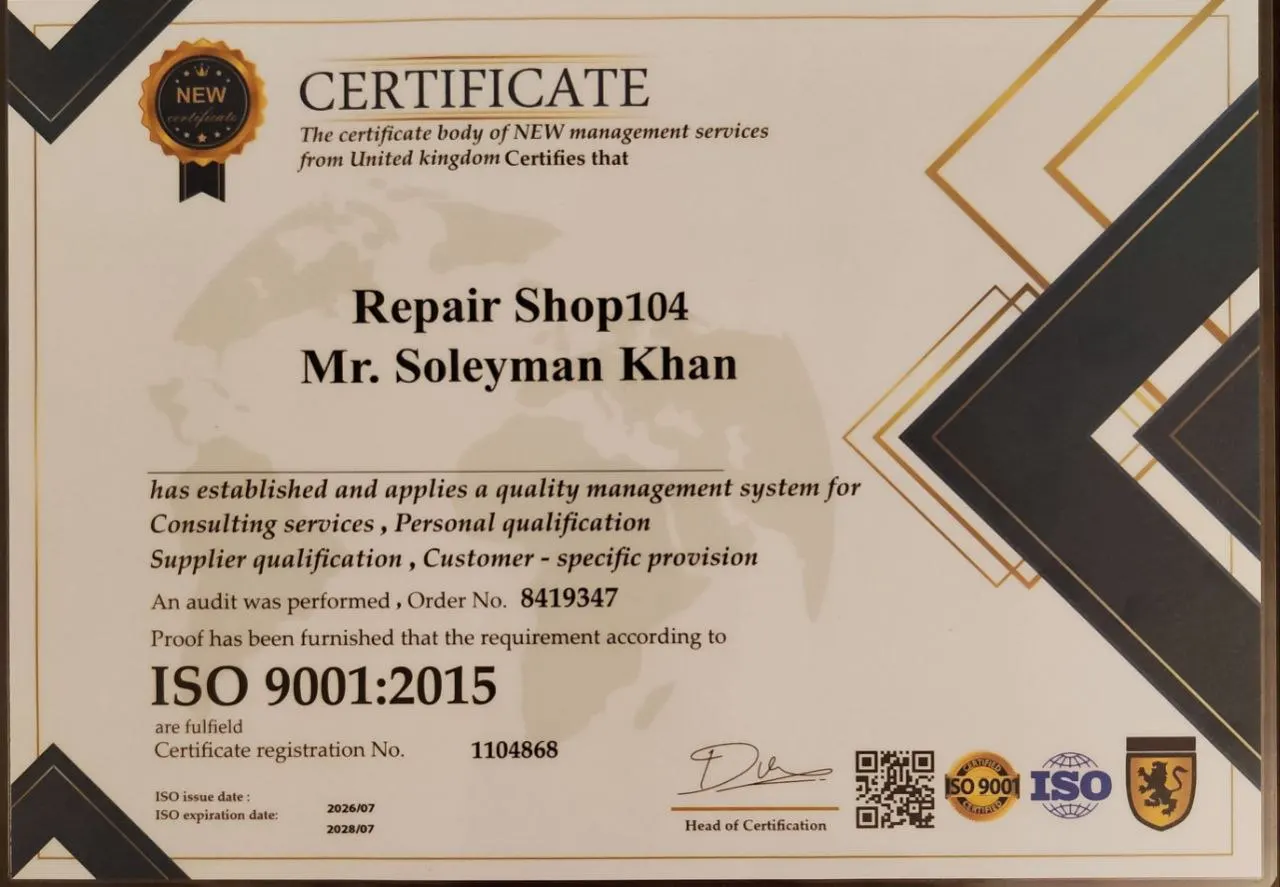 گواهینامهها 1 گواهینامه ISO 9001:2015 تعمیرگاه 104